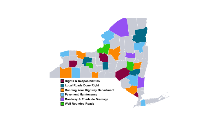 New York State map with counties color coded to where the NYSLTAP center will be holding workshops in 2026