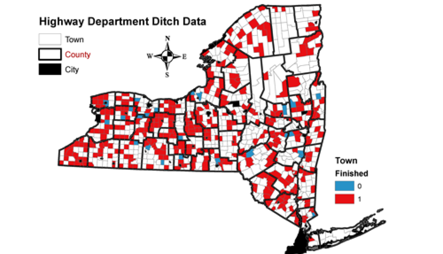 Map of New York state with areas in blue or red representing ditch projects