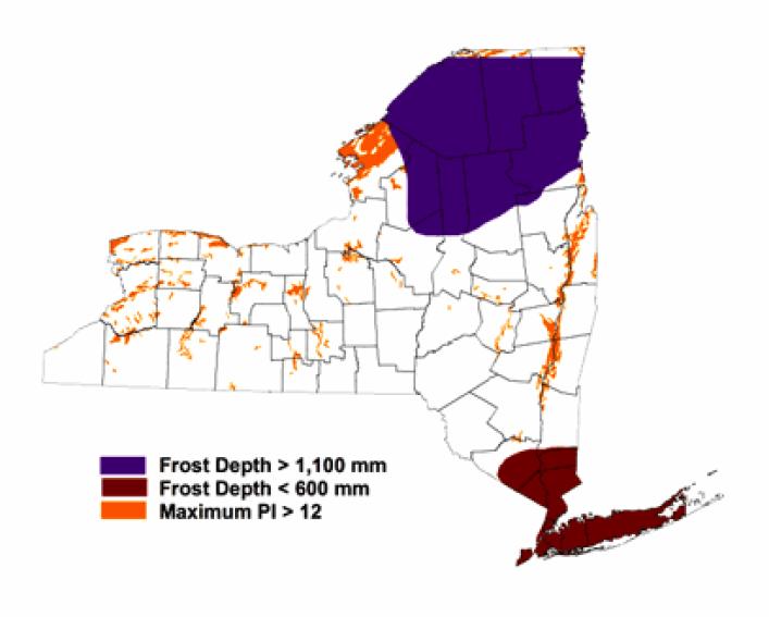 a map of New York State with areas in purple and orange
